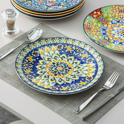 Six-Piece Bohemian Dinner Plate Set with 10.5-Inch Colorful Patterned Plates in Two Style Options