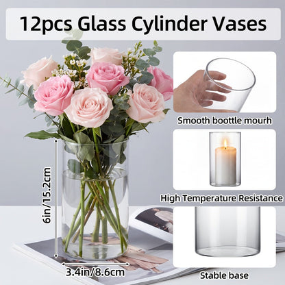 Glass Cylinder Vases for Centerpieces Bulk 12/24pcs – Clear Flower Vases for Wedding Decorations, Floral Arrangements, Home, Restaurant & Party Table Decor, 6x3.4in