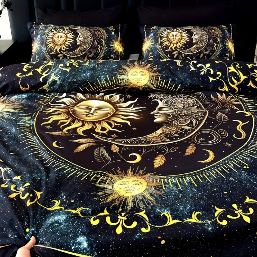 3-Piece Duvet Cover Set with Gold-Tone Sun, Moon, Star and Orbit Print in Twin to King Sizes