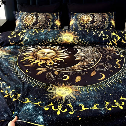 3-Piece Duvet Cover Set with Gold-Tone Sun, Moon, Star and Orbit Print in Twin to King Sizes