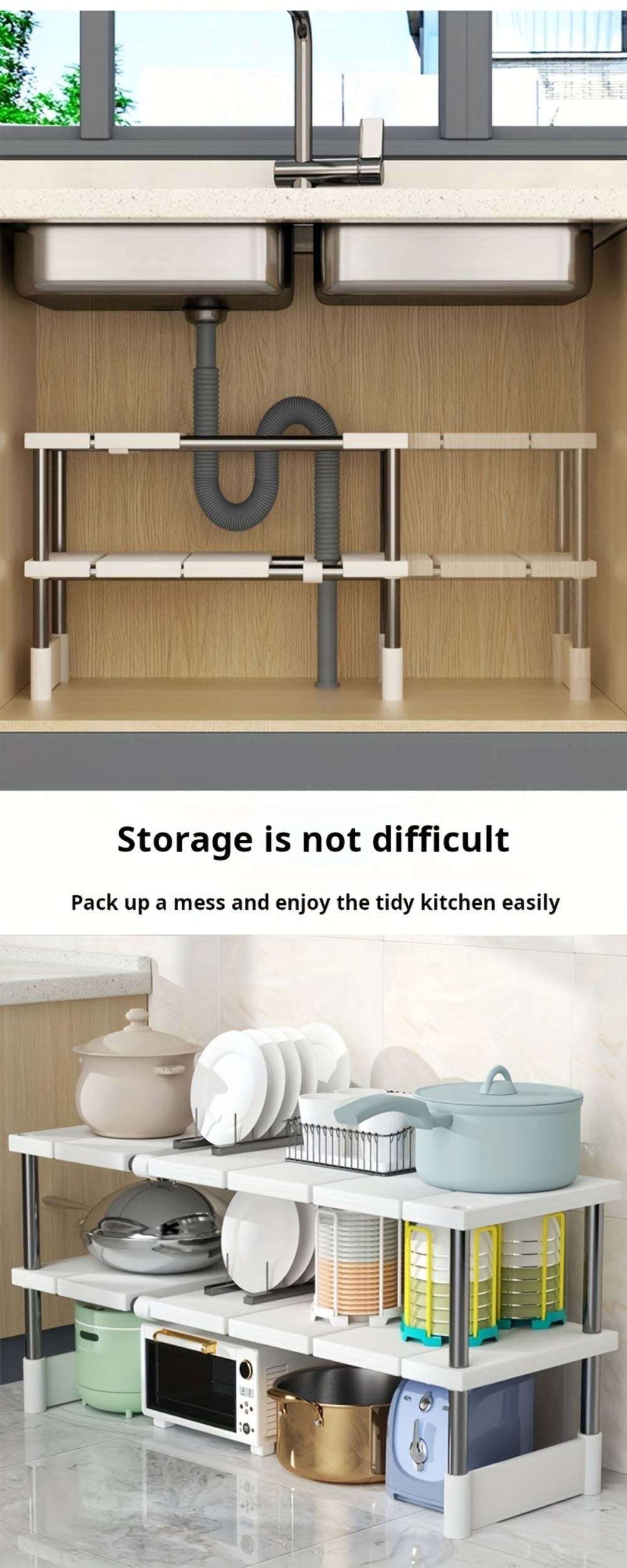 Adjustable Under-Sink Organizer with White Single-Layer Sliding Panels, Metal-Look Supports and Central Plumbing Gap