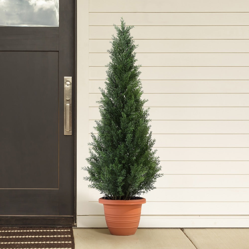 Artificial Cedar Topiary Tree with 3, 4 or 5 ft Height Options, Black Pot and Single or Two-Tree Sets
