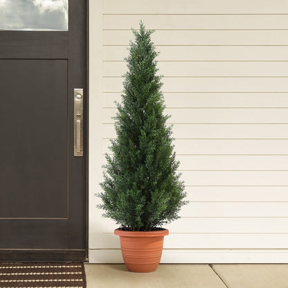 Artificial Cedar Topiary Tree with 3, 4 or 5 ft Height Options, Black Pot and Single or Two-Tree Sets