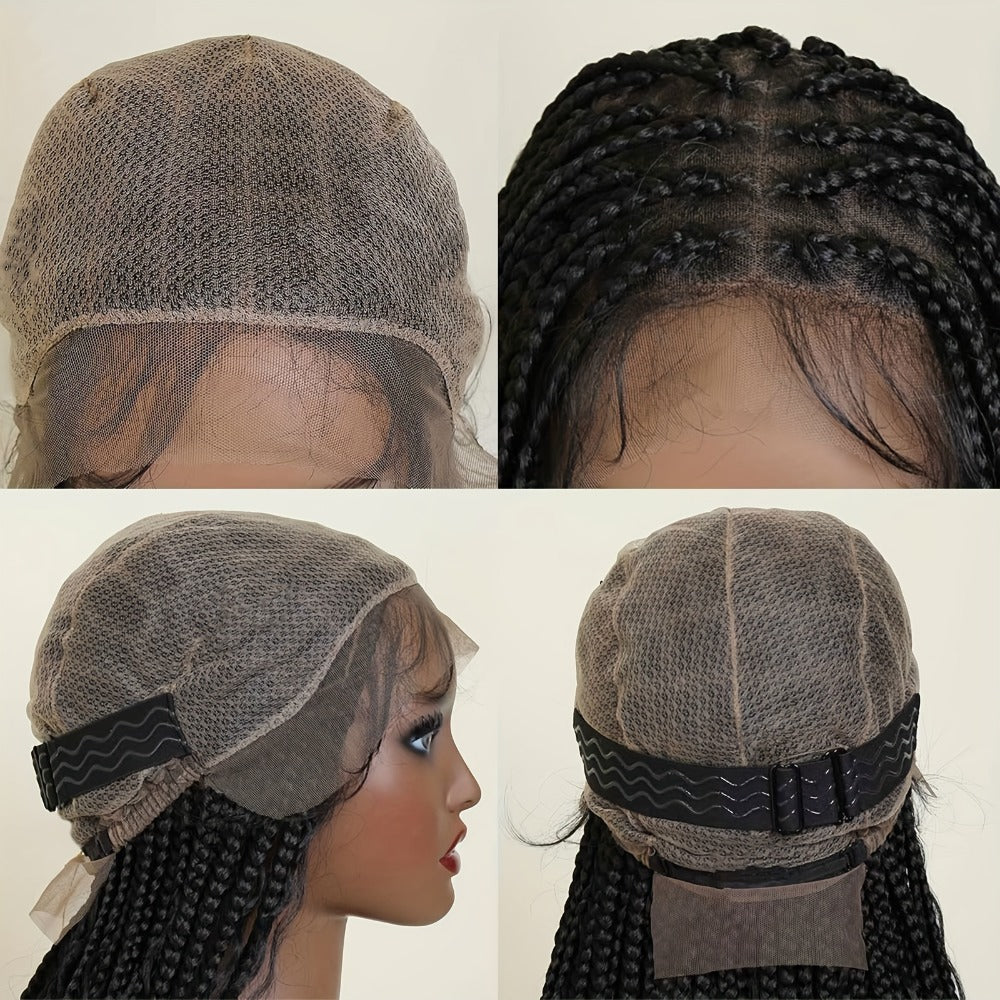 Extra-Long Black Box-Braid Wig with Curly Ends, Lace Cap and 48-Inch Checkout Length for Styling