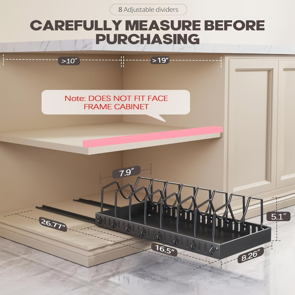 Two-Piece Pull-Out Cabinet Organizer for Pot Lids and Cookware with Removable Dividers in Black or White