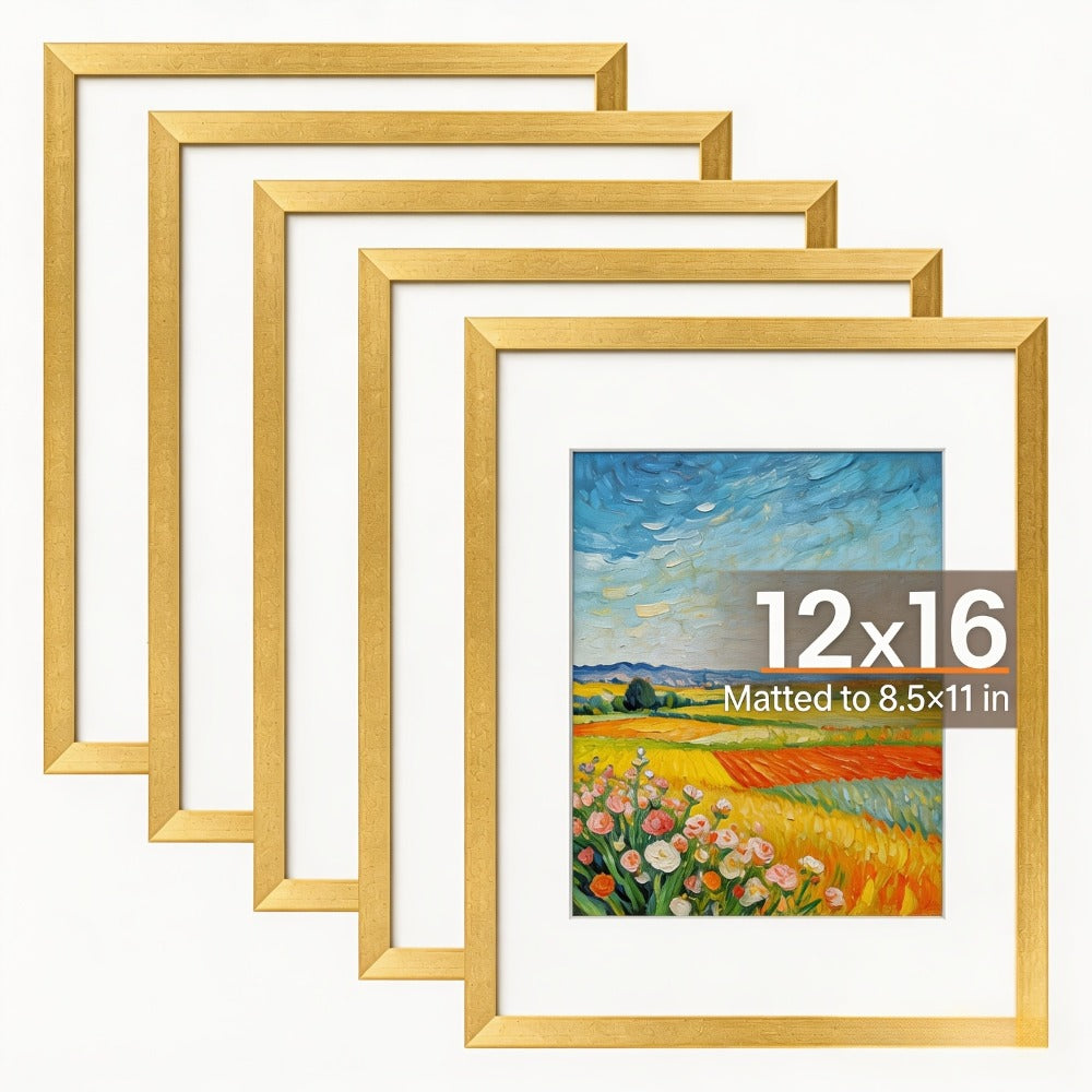 Five-Piece Gold Picture Frame Set for 12 x 16-Inch Prints or 8.5 x 11-Inch Photos with Mats