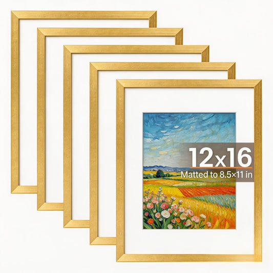 Picture Frame Set of 5 – 12x16 Inch Gallery Wall Photo Frames, Display 8.5x11 with Mat or 12x16 Without Mat | HD Cover, Horizontal & Vertical Hanging | Golden Wall Collage Frame Set for Home & Office