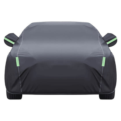 Black Full Car Cover in 190T Silver-Coated Cloth with Green Reflective Strips, Storage Bag and Six Sedan or SUV Sizes