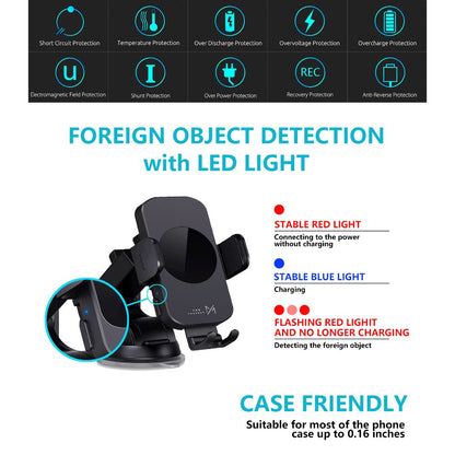 15W Auto-Clamping Wireless Car Phone Mount with Dashboard Suction Base and Blue or Gold Finish