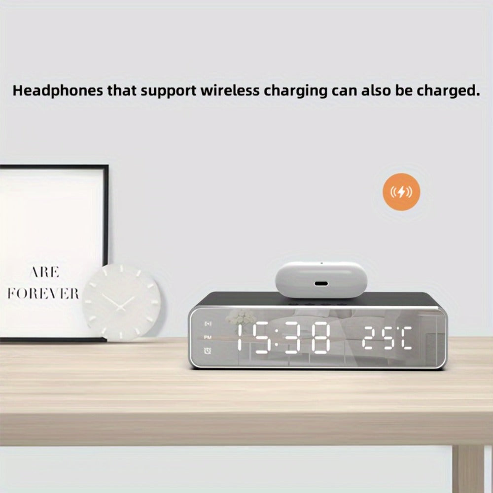 Wireless Charging Alarm Clock with Black or Silver-Tone Housing, Digital Time Display and Top Charging Surface