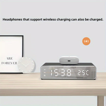 Wireless Charging Alarm Clock with Black or Silver-Tone Housing, Digital Time Display and Top Charging Surface