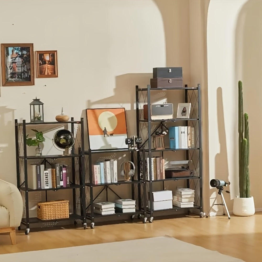 Foldable Rolling Storage Shelf in Three, Four or Five-Tier Options with Black or White Finish