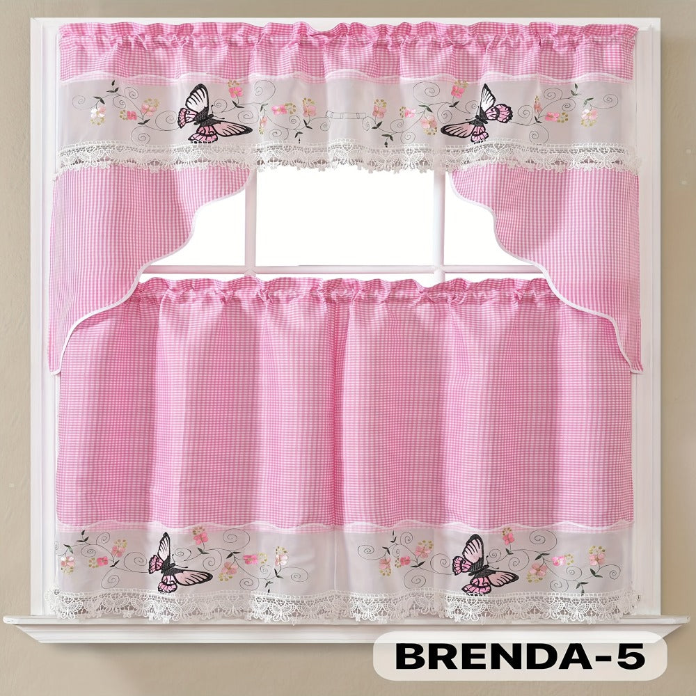 Three-Piece Patterned Kitchen Curtain Set with One Valance, Two Tiers and Forty-Six Exact Design Options