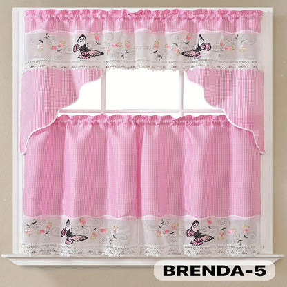 Three-Piece Patterned Kitchen Curtain Set with One Valance, Two Tiers and Forty-Six Exact Design Options