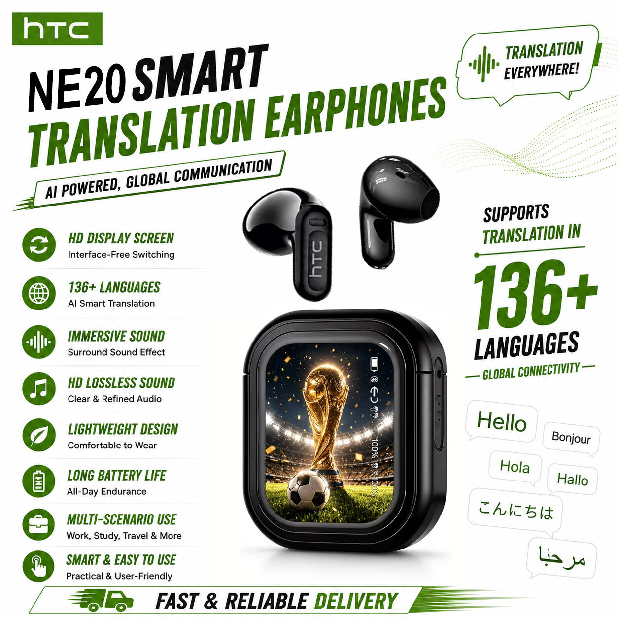 AI Translation Earphones Real-Time 134 Languages TWS Wireless Bluetooth Earbuds HTC NE20 HD Screen Touch Control High Fidelity Sound Long Battery Life for Travel Business Daily Wear