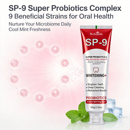 100g Mint SP-9 Toothpaste Tube with Probiotics Complex and Hydroxyapatite Highlighted on Label