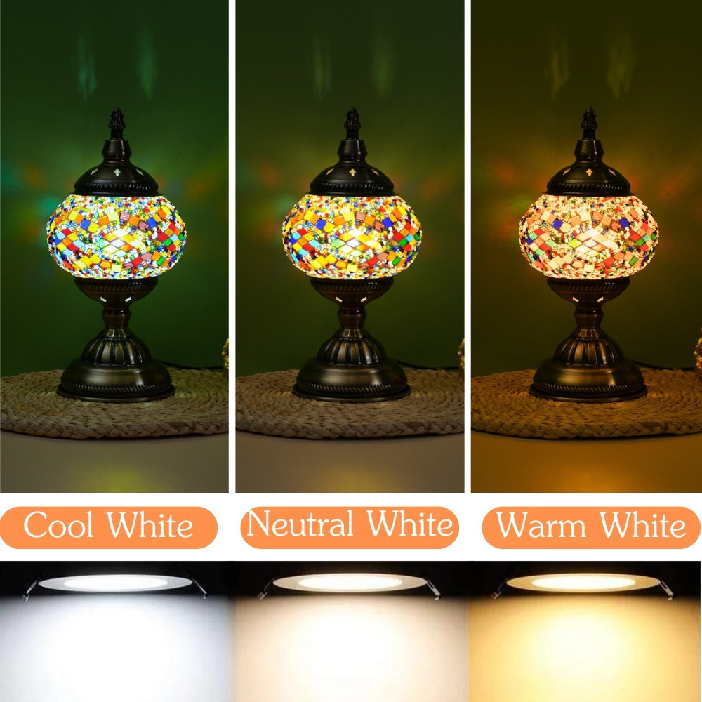 Table Lamp with Mosaic Glass Globe, Metal Base, Seven Color or Pack Options and Three White-Light Modes