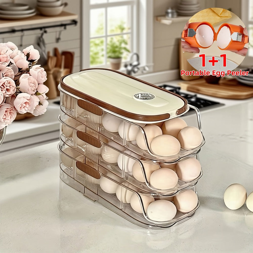 Egg Rack Kitchen Organizer Double-Row Auto-Rolling Dispenser with One, Two or Three Layer Options