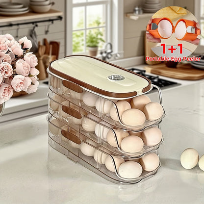 Egg Rack Kitchen Organizer Double-Row Auto-Rolling Dispenser with One, Two or Three Layer Options