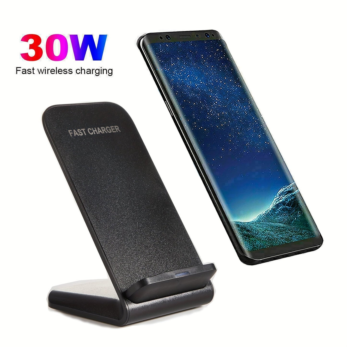 Black Dual-Coil Wireless Charging Stand with Vertical or Horizontal Support and 19 Device Labels