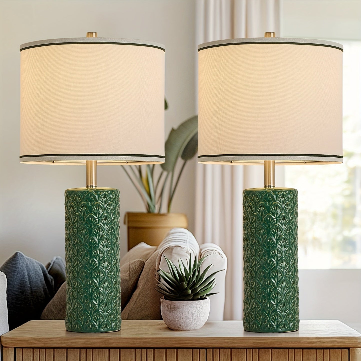 Ceramic Table Lamp – Modern Farmhouse Bedside Lamp with Drum Shade, 3 Color Temperature, Knob Switch, 9W LED Bulb Included, Rustic Nightstand Desk Light for Bedroom Living Room Office Dorm (Multiple Colors)