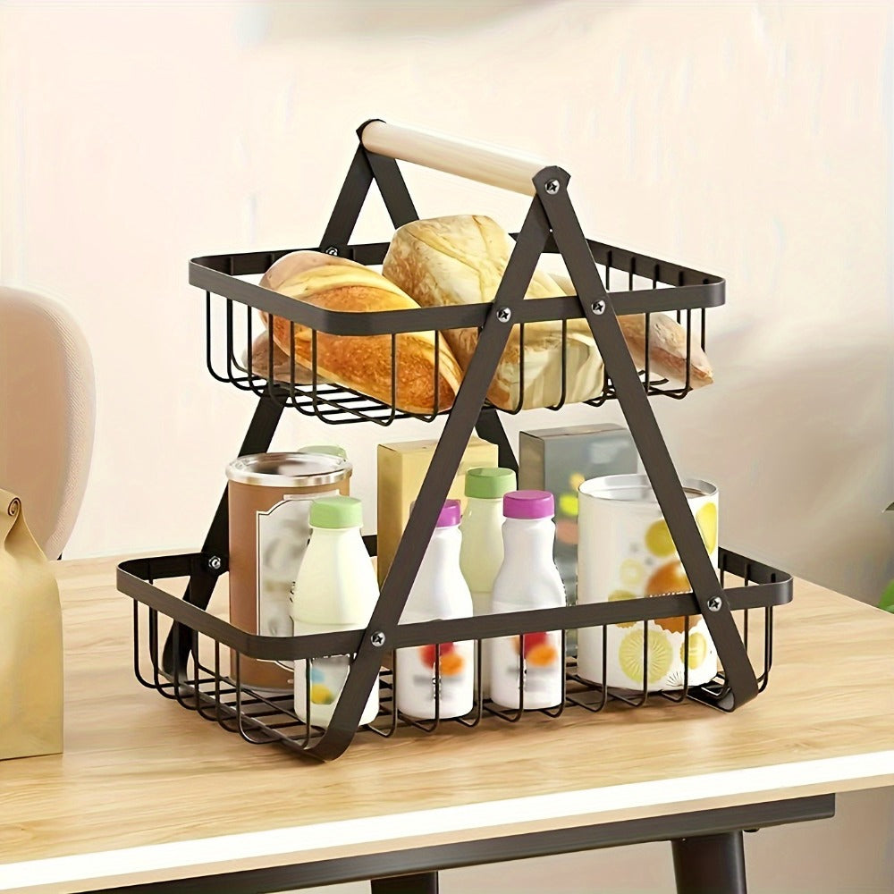 Freestanding Tiered Metal Wire Storage Basket with Wood-Tone Top Handle in Two- or Three-Tier Options
