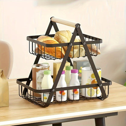 Freestanding Tiered Metal Wire Storage Basket with Wood-Tone Top Handle in Two- or Three-Tier Options