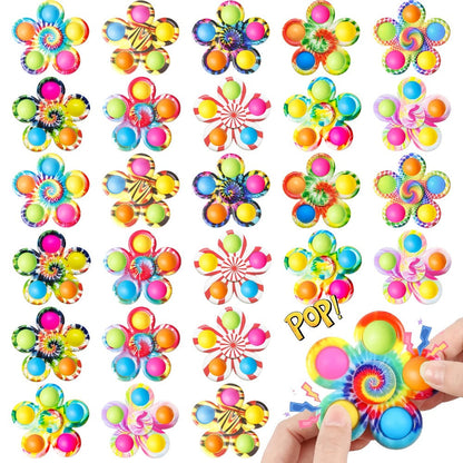 Thirty-Two-Piece Bubble Pop Fidget Spinner Assortment with Colorful Mixed Flower and Round Shapes