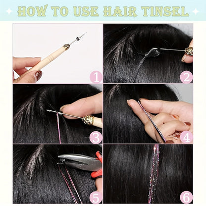 48-Inch Hair Tinsel Extension Kit with 18 Glitter Colors, 7,700 Strands, Micro Beads and Loop Tool
