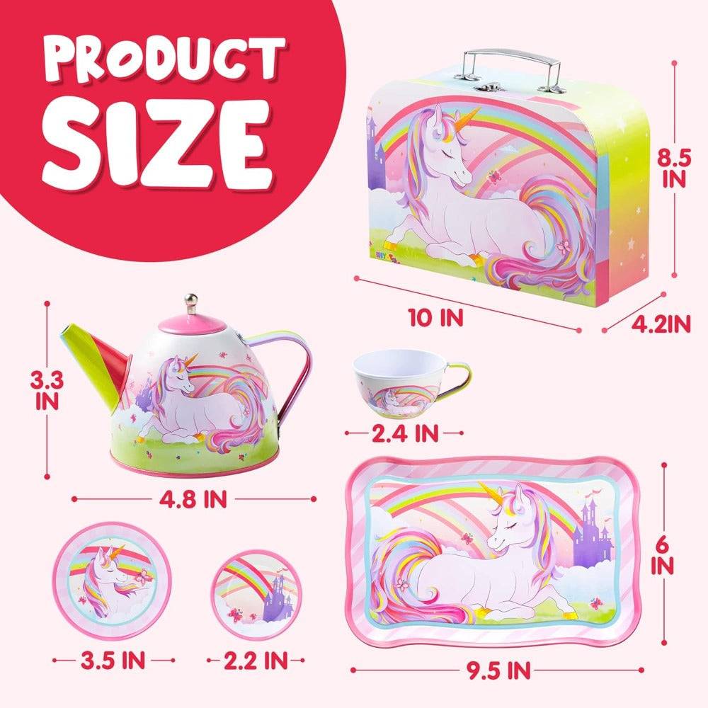 Pink Unicorn Tin Tea Set in Carry Case with Teapot, Four Cups, Four Saucers and Five Plates