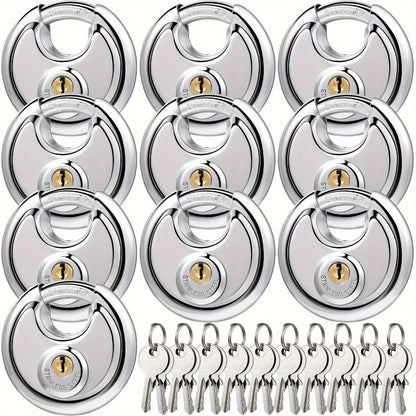 Padlocks with Same Key - 10pcs Stainless Steel Disc Lock Set, Keyed Alike Discus Pad Lock 2-3/4 Inch Wide 3/8 Inch Shackle, Outdoor Weatherproof Lock for Storage Unit, Shed, Garage, Gate & Fence