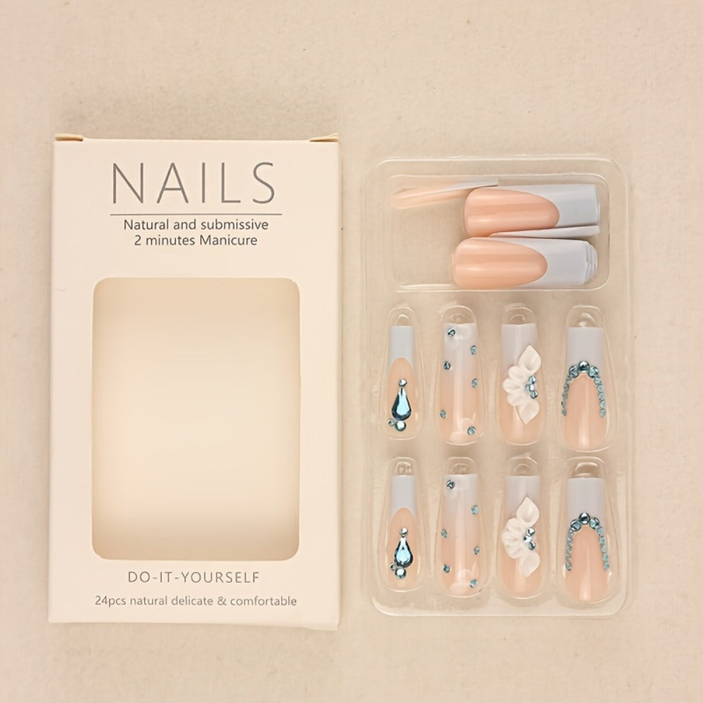 Long Ballerina Press On Nails 96 Pieces 4 Packs + 4 Bracelets Gift Set – Blue Gradient 3D Flower Butterfly Rhinestone Glossy Full Cover False Nails & Beaded Bangles for Women Girls | Prom Wedding Party
