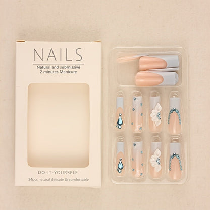 Long Ballerina Press On Nails 96 Pieces 4 Packs + 4 Bracelets Gift Set – Blue Gradient 3D Flower Butterfly Rhinestone Glossy Full Cover False Nails & Beaded Bangles for Women Girls | Prom Wedding Party
