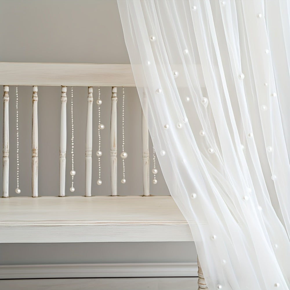 White Pearl-Embellished Sheer Tulle Fabric Roll in 160 x 300 cm Size for Backdrops and Table Decor