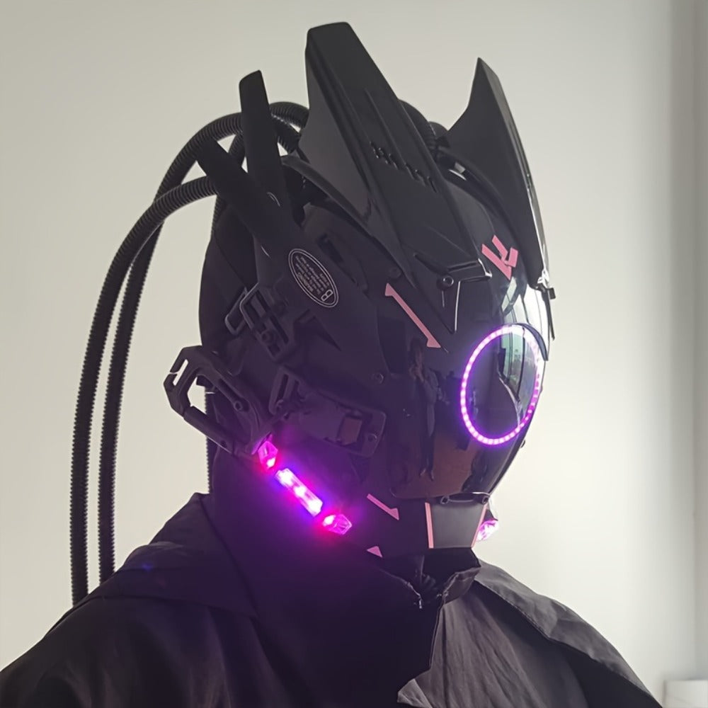 LED Braided Cyberpunk Costume Helmet with Circular Face Light and Blue, Green or Pink Accent Styles