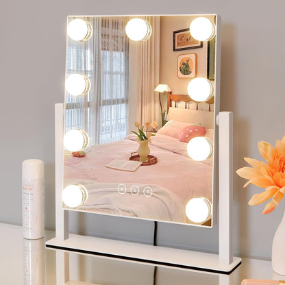 Lighted Makeup Mirror 5X Magnifying 9 LED Hollywood Vanity Mirror - 3 Color Lighting Modes, 360° Rotating, USB Powered Touch Control Tabletop Makeup Mirror for Women Desk Bedroom Gift