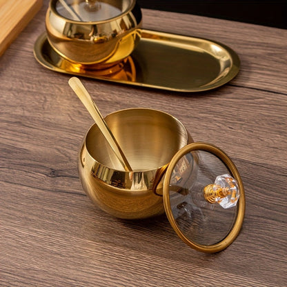 Stainless Steel Spice Jar Set with Tray and Spoon Golden Seasoning Containers for Salt Pepper Coffee Kitchen Organizer 2 or 3 Piece