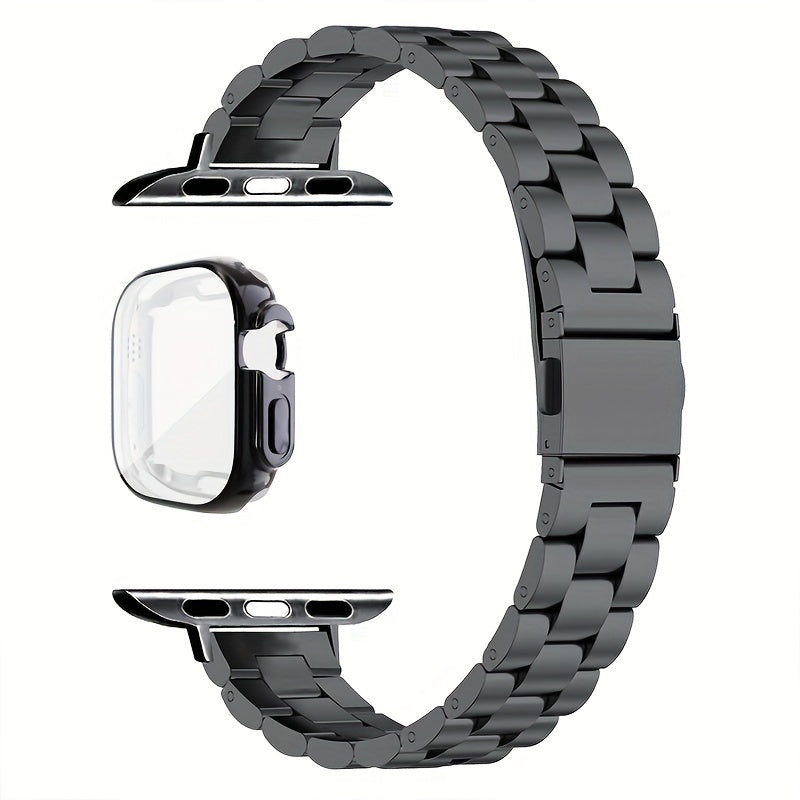 Slim Waist Apple Watch Steel Band & Half Shell Case 3-Piece Set – 2 Stainless Steel Bands + Protective Case Compatible with Apple Watch Series 1–9 SE Ultra 38 40 41 42 44 45 49mm – Gold Silver Rose Black