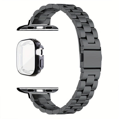 Slim Waist Apple Watch Steel Band & Half Shell Case 3-Piece Set – 2 Stainless Steel Bands + Protective Case Compatible with Apple Watch Series 1–9 SE Ultra 38 40 41 42 44 45 49mm – Gold Silver Rose Black