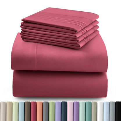 Fitted Sheet Set 6-Piece Brushed Polyester Deep Pocket Bed Sheets 20 Colors Hotel Luxury Bedding with Embroidered Pillowcases