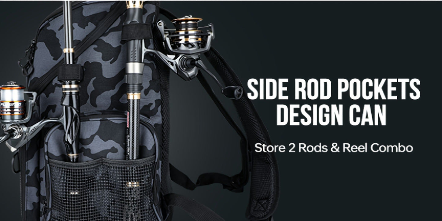 Waterproof Fishing Rod Backpack 42L – Built-In Rod Tube, 16 Pockets & Insulated Cooler Option | Black, Camo, Khaki, Gray