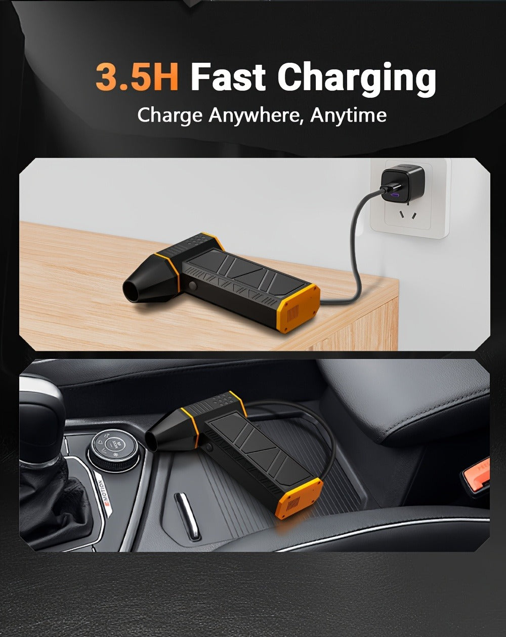 Electric Air Duster 130000RPM Rechargeable Handheld Blower, 3-Speed Wireless Turbine Fan for Computer Keyboard, Car & Home Cleaning — Black & Orange