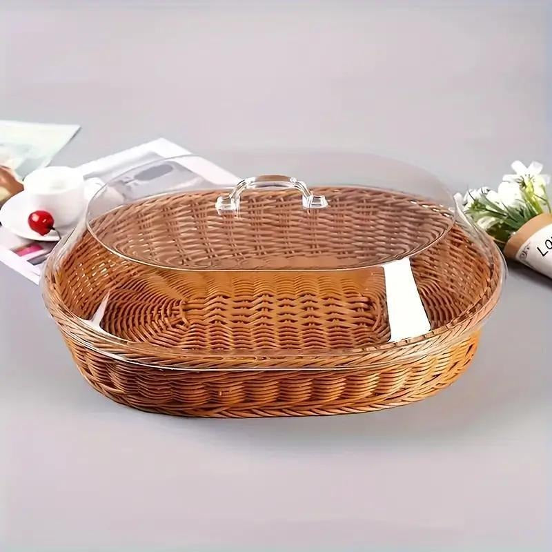 Wicker Bread and Fruit Storage Basket with Clear Acrylic Lid in Square or Round Checkout Shapes