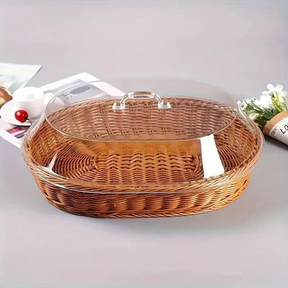 Wicker Bread and Fruit Storage Basket with Clear Acrylic Lid in Square or Round Checkout Shapes