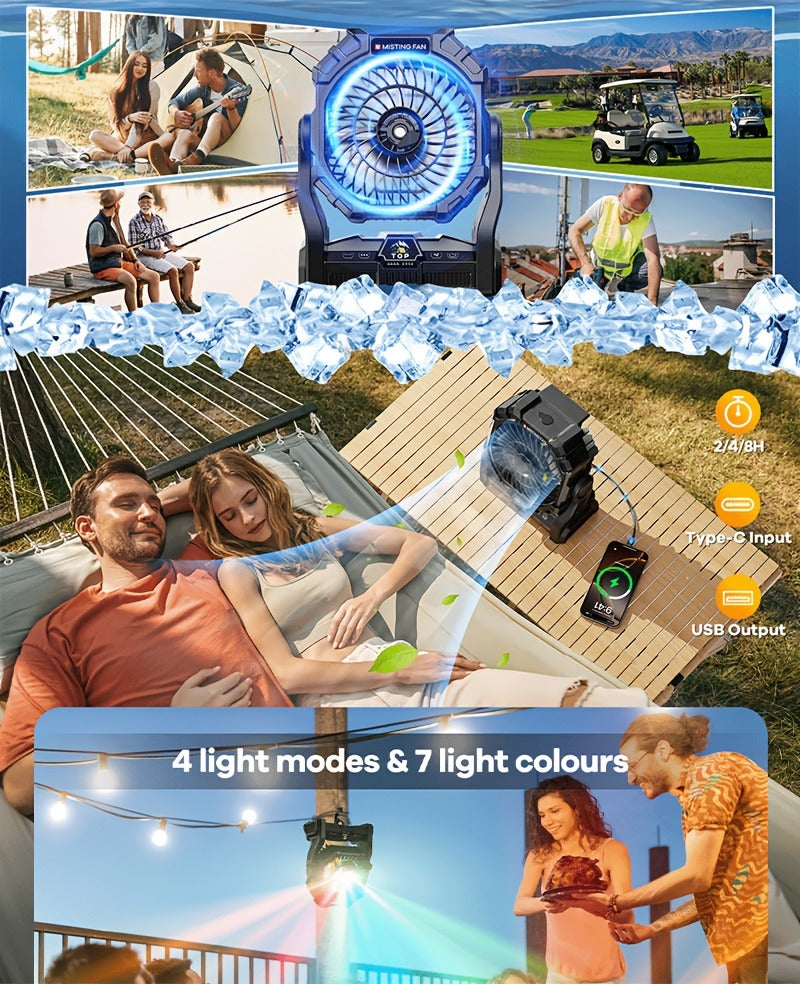 Camping Fan Rechargeable 20000mAh with Misting Solar Panel RGB Mood Light 4-Speed Tent Hook Phone Charging Portable Outdoor Fan
