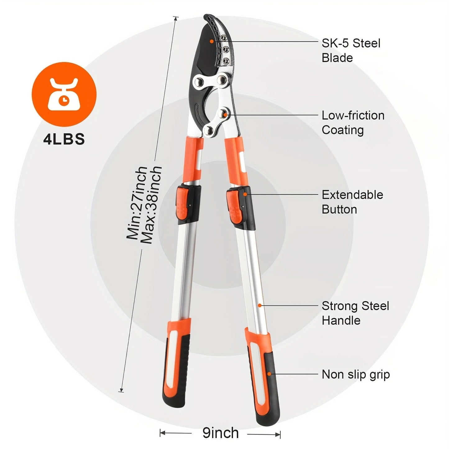 Long-Reach Bypass Lopper with Telescoping Silver Handles, Orange Grips and 27–34-Inch Variant Label
