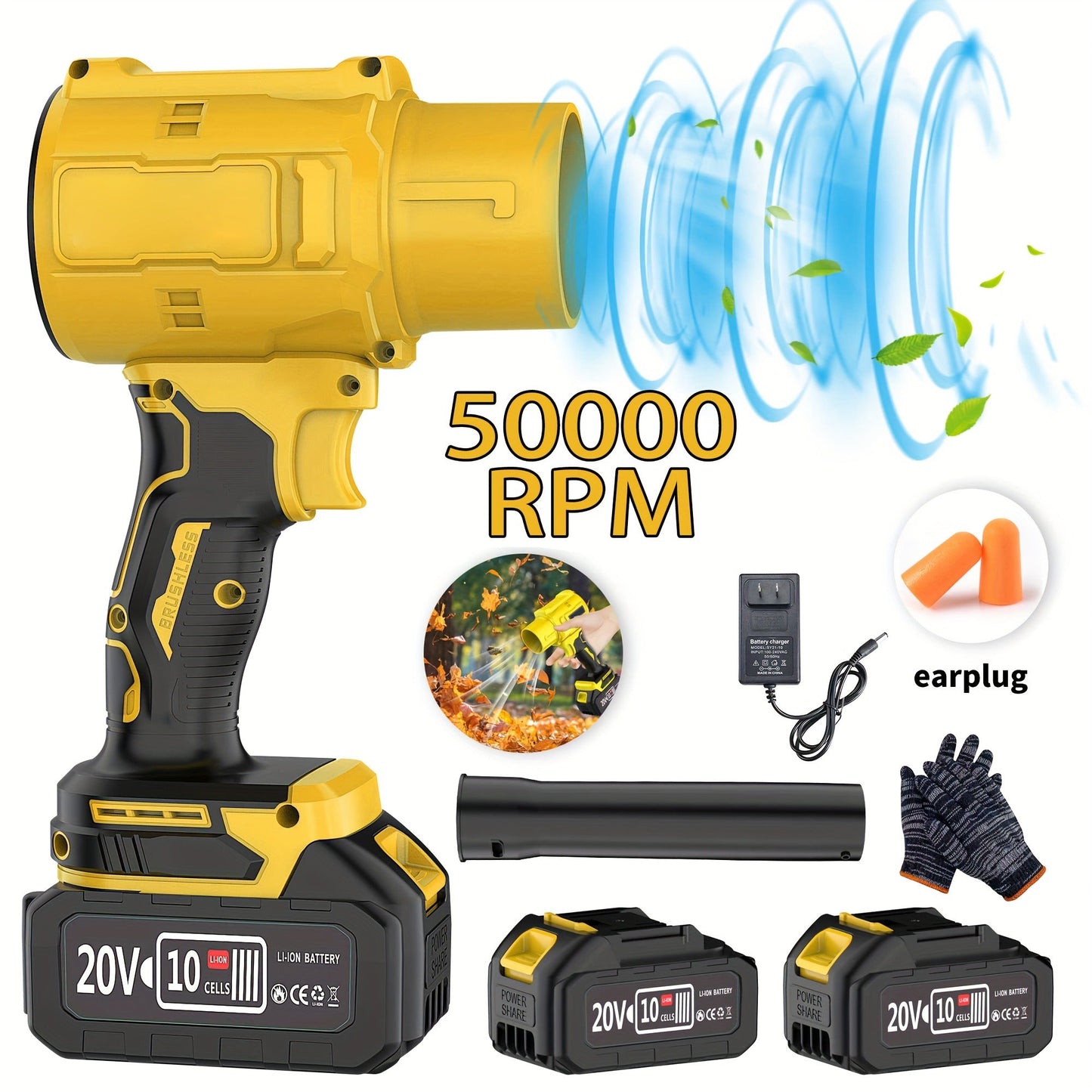 20V Cordless Leaf Blower with 50,000 RPM Marking, Yellow or Green Body and Six Dual-Battery Package Options