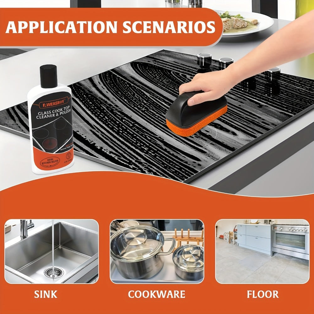 Glass Stove and Cooktop Cleaner Kit with 12 oz Cleaner, Scraper, Scrubbing Pad, Handle and Cloth, Nine Pieces