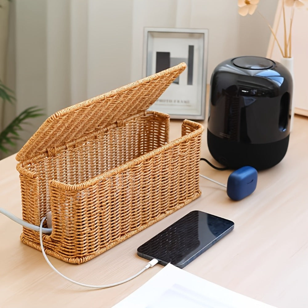 Woven Rattan-Look Cable Management Box with Hinged Lid and Pictured 34.1 cm Exterior Length