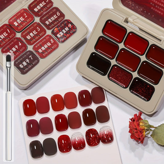 Gel Nail Polish Nine-Piece Ancola Red Solid Gel Set for Gradient and Ombre Nail Art in One Grid Case